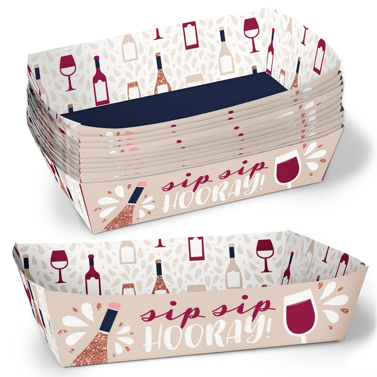 Big Dot of Happiness But First, Wine Party Paper Food Trays, Disposable Food Boats for Birthday Wine Tasting, Double-Sided Paper Meal Holders - 12 Ct